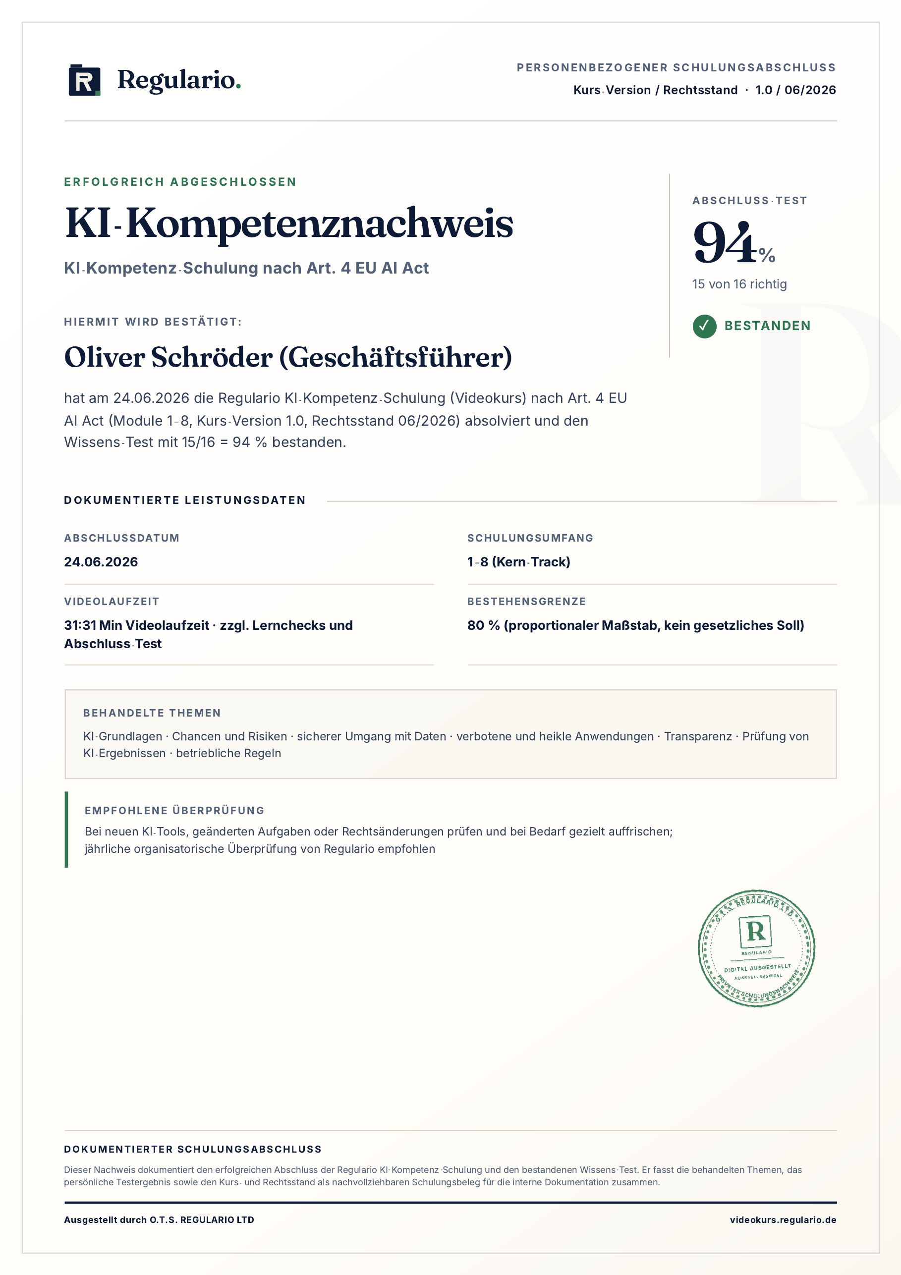 Muster des persönlichen Teilnahme-Nachweises für den Regulario AI-Act-Literacy-Kurs